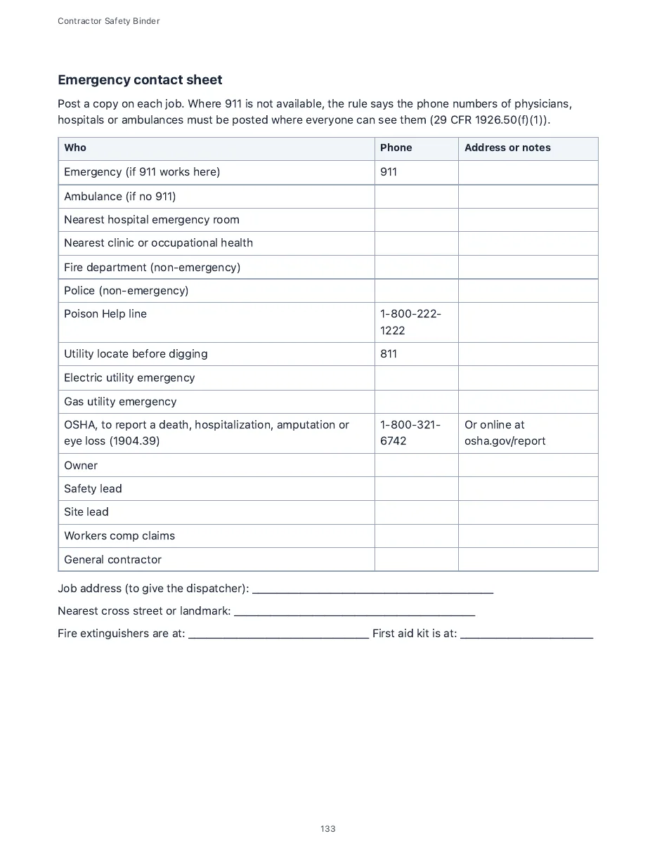 Contractor Safety Binder, page 133: Emergency contact sheet